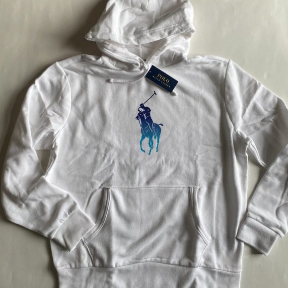 Polo Ralph Lauren Ombre Big Pony Logo Fleece Pullover Hoodie Sweatshirt White
